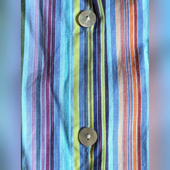 Chico's Blue Rainbow Stripe Mother Of Pearl Buttons Classic Button Down Blouse - Picture 3 of 5